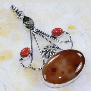 New Mystic Topaz, Red Coral,  Agate 925 Silver Pendant.